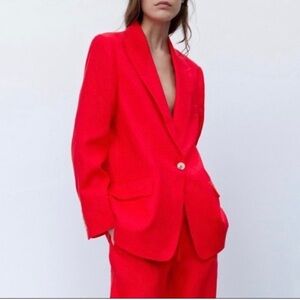 Zara Straight Cut Linen Blazer Medium Tomato Red Single Button Pockets NWT